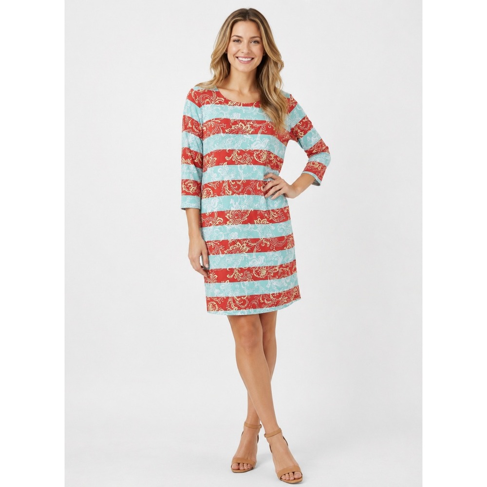 J. McLaughlin Catalina Cloth Dress Women XS Blue Pink Stripe Nylon Baroque Print